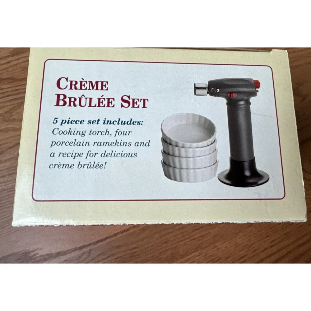 Creme Brulee Set Of 4 White‎ Ramekins & Cooking Torch Cheese Meringue NEW NIB